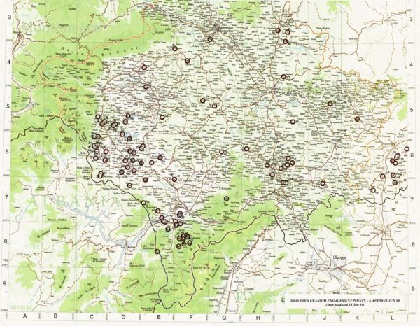 Карта сербских городов и посёлков, которые испытали на себе действие натовских боезарядов, начинёнными обеднённым ураном включает практически весь юг Сербии.