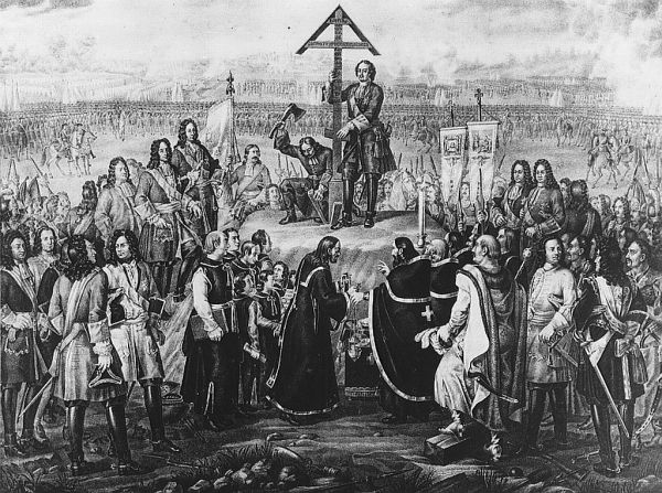 Царь Пётр I водружает крест на могиле русских воинов 28 июня 1709 г. Старинная гравюра по картине художника Чаринова
