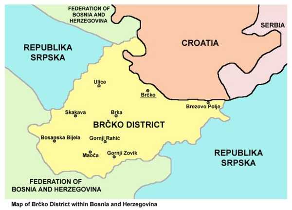 Округ Брчко разрезает Республику Сербскую надвое и выходит к границам Хорватии