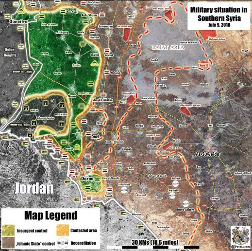 Положение на юге Сирии. Чёрным отмечена зона ИГ