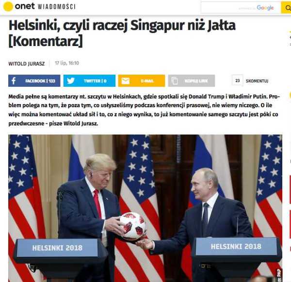 польский интернет-портал Onet.pl рассказывает о встрече Президентов России и США Владимира Путина и Дональда Трампа в Хельсинки.