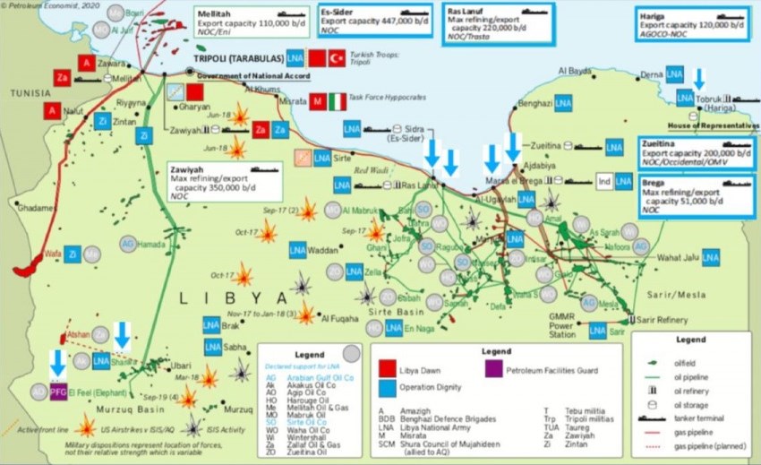 Карта нефтяной инфраструктуры Ливии с заблокированными протестующими нефтяными терминалами (голубые стрелки).Источник: petroleum-economist.com