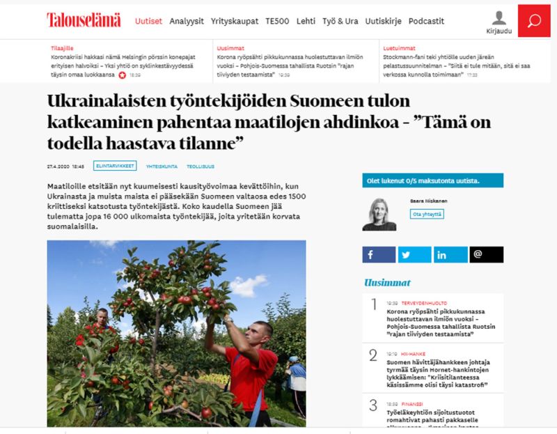 Talouselämä: В Финляндии катастрофа – нет украинцев, некому работать