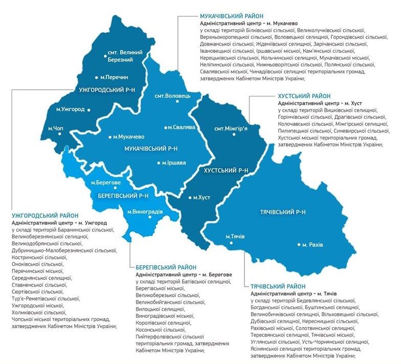 Карта нового деления Закарпатской области.