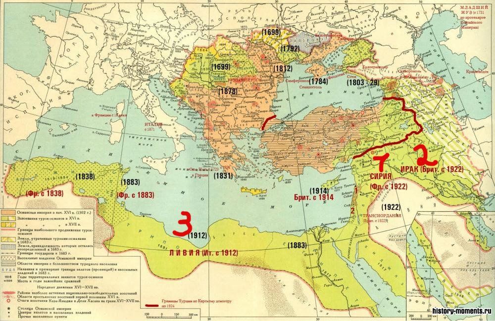 Османская империя на пике могущества с годами отпадения территорий