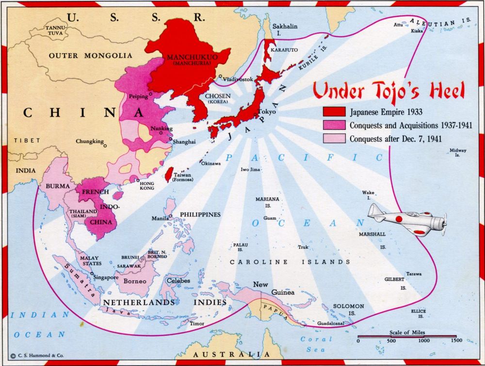 Карта японской экспансии на Длаьнем Востоке и на Тихом океане.