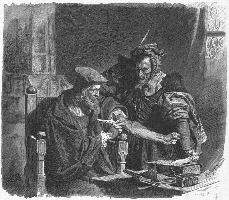 Фауст подписывает кровью договор с Мефистофелем