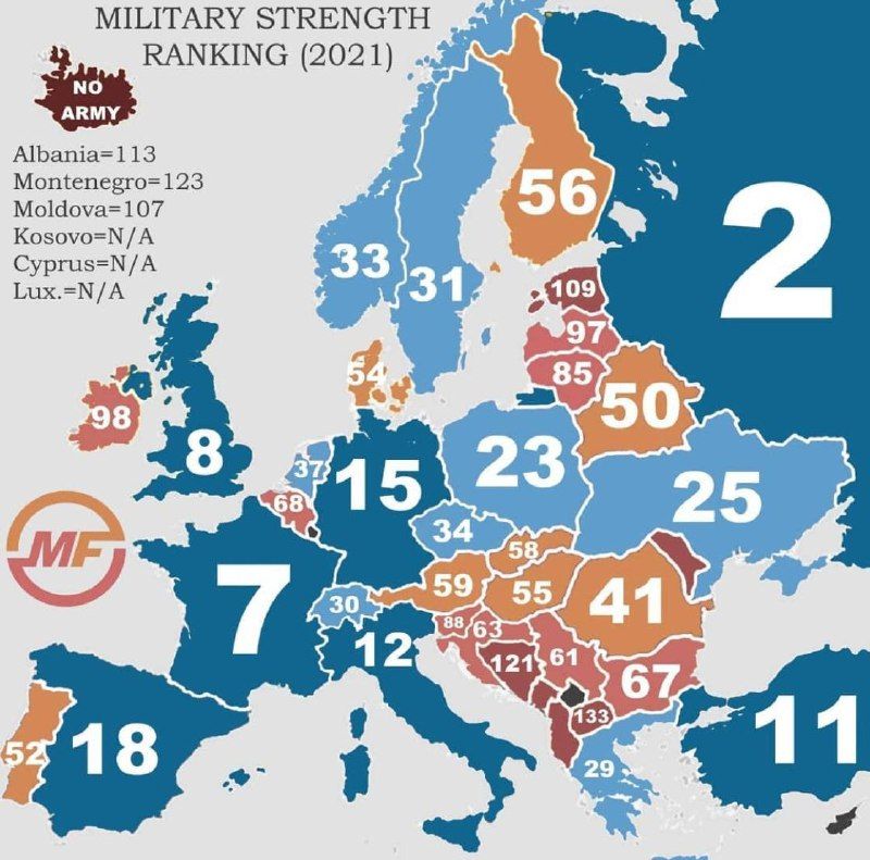 Номер каждой страны Европы в рейтинге военной мощи по состоянию на 2021 год