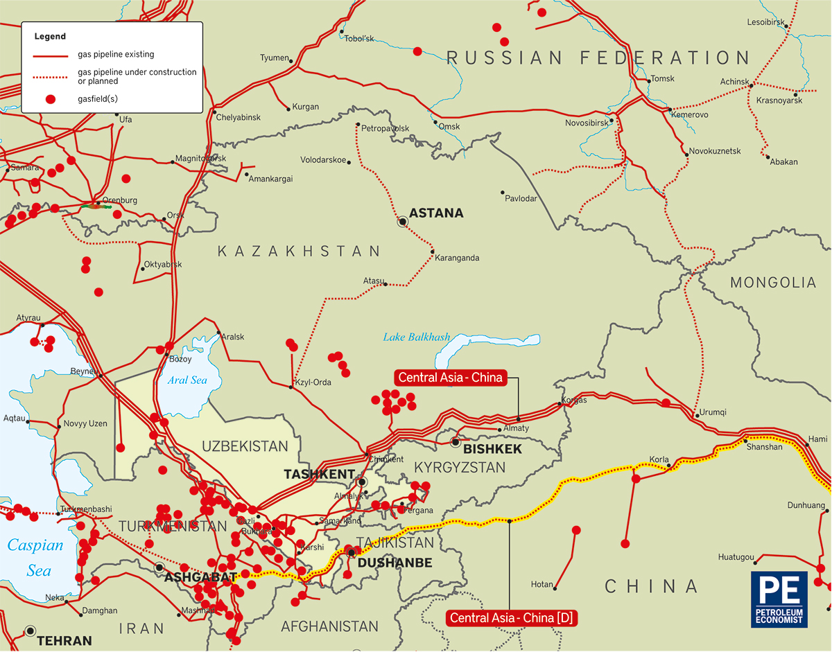 Месторождения и маршруты транспортировки газа в Центральной Азии