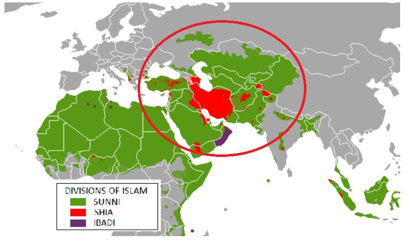 Шиито (красный) – суннитское (зеленый) разделение исламского мира