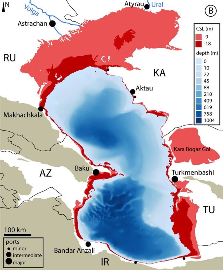 Уровень обмеления Каспийского моря к началу 2024 года