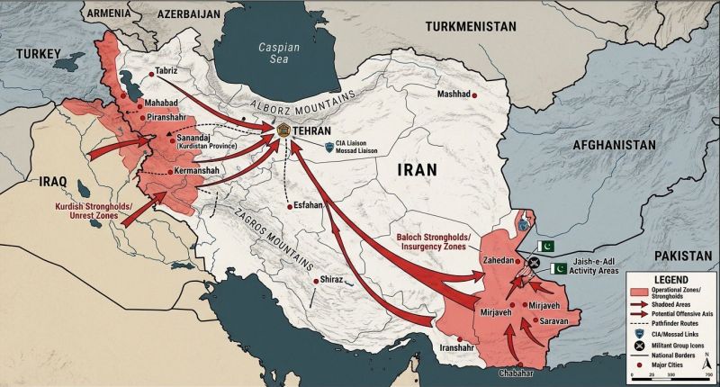 Одна из возможных схем подрывных действий с опорой на Курдистан и Белуджистан