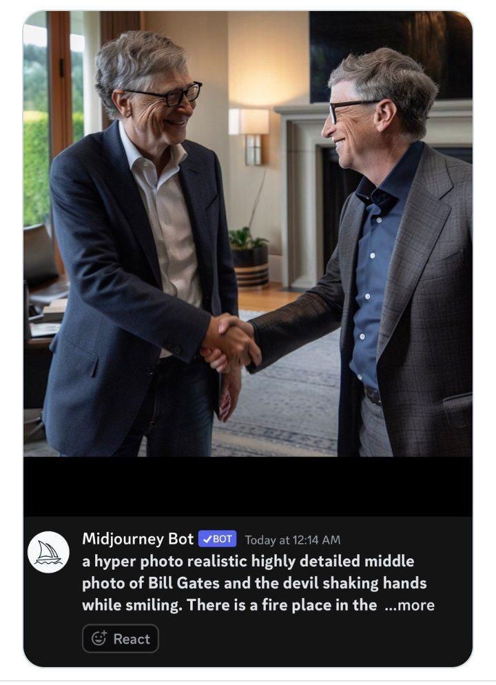 Искусственному интеллекту дали задание сгенерировать изображение,  на котором Билл Гейтс с улыбкой пожимает руку дьяволу. Вышло вот это