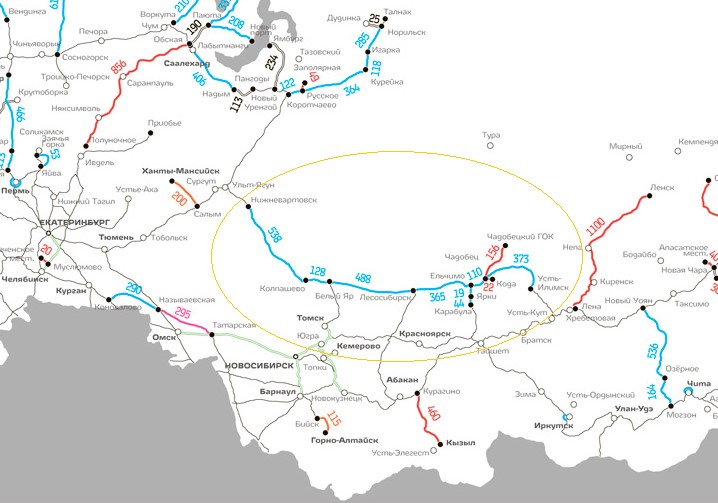 Проект Северо-Сибирской железной дороги на карте