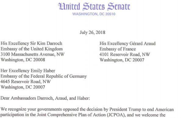Подписи влиятельных сенаторов от Республиканской партии Теда Круза и Марко Рубио стоят под письмом, направленным 26 июля посольствам Франции, Великобритании и Германии в Вашингтоне. 
