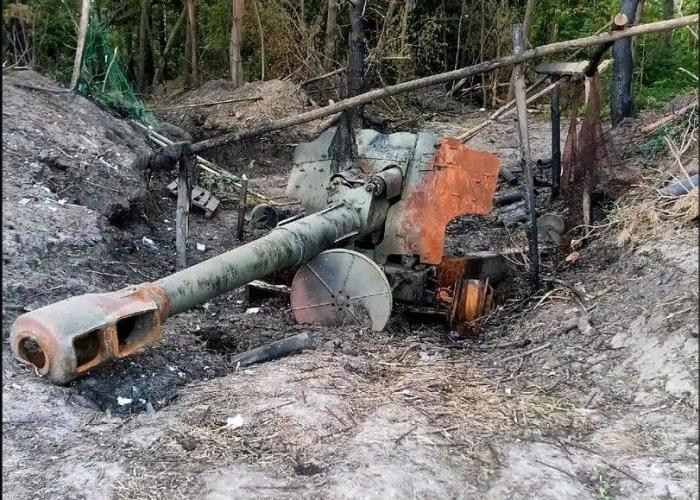уничтоженная в Сумской области 152-мм пушка-гаубица Д-20, стоявшая на вооружении боевиков украинских формирований, источник Телеграм-канал Dambiev