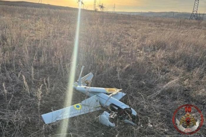 обломки одного из ударных беспилотников ВСУ самолётного типа, сбитых в небе над ЛНР, источник сообщество Росгвардия в мессенджере МАХ