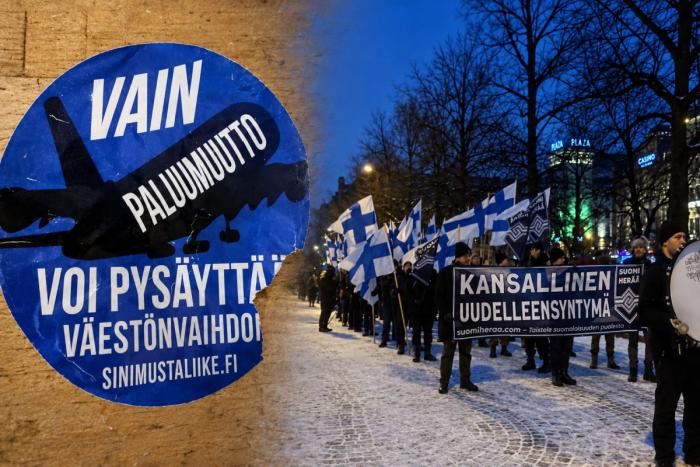 Провокационные наклейки на улицах Хельсинки принадлежат движению Sinimusta liike («Чёрно-синее движение»). В Финляндии и за её пределами его называют открыто расистским и фашистским. Международные организации бьют тревогу