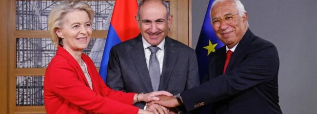 Урсула фон дер Ляйен, Никол Пашинян и Альберто Кошта