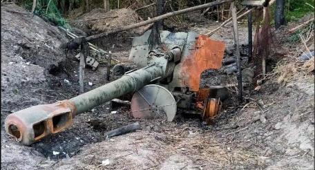 уничтоженная в Сумской области 152-мм пушка-гаубица Д-20, стоявшая на вооружении боевиков украинских формирований, источник Телеграм-канал Dambiev
