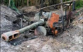 уничтоженная в Сумской области 152-мм пушка-гаубица Д-20, стоявшая на вооружении боевиков украинских формирований, источник Телеграм-канал Dambiev
