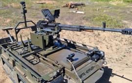наземный роботизированный комплекс НТРК Курьер с установленным тяжёлым пулемётом Утес в группировке войск Центр, источник Телеграм-канал Военкор Астрахань